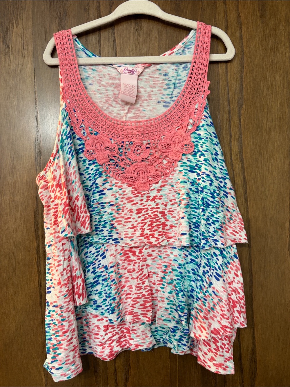 Candie's Coral Crochet-Neck Ruffle Tank with Multicolor Print